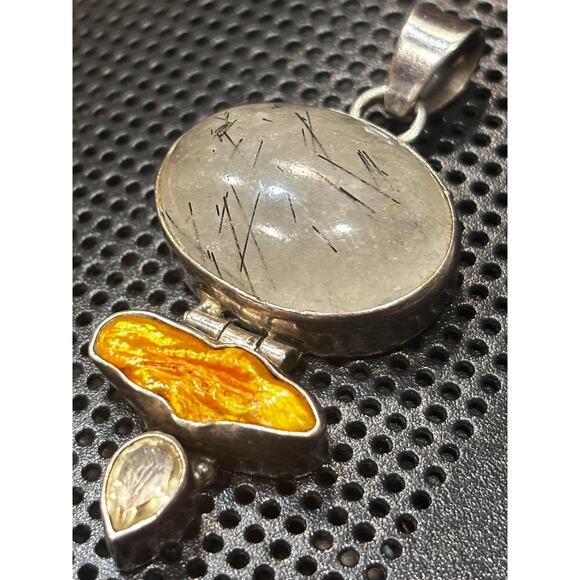 Sterling Silver Articulated Totem Pendant Tourmalinated Quartz Amber & Citrine - Picture 3 of 5